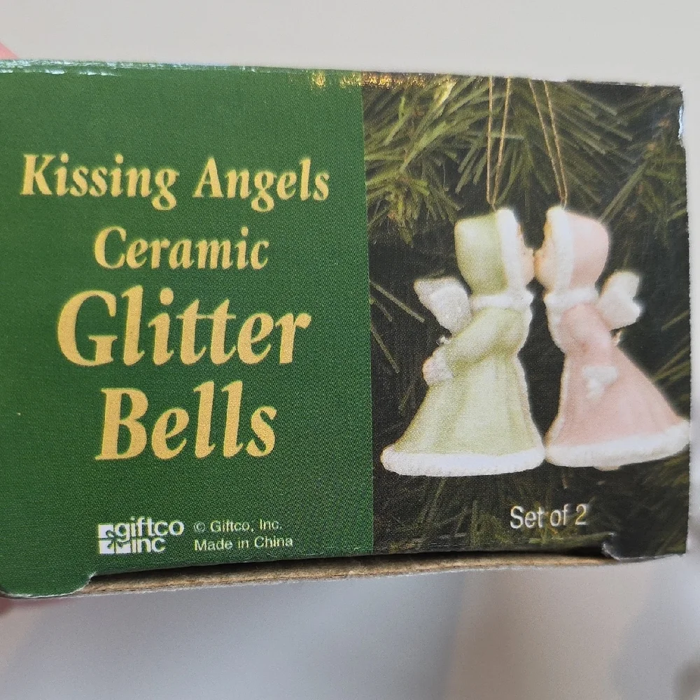 Angel Bell Ornaments - Kissing Angel Bell Ornament Figure Set With Glitter Trim